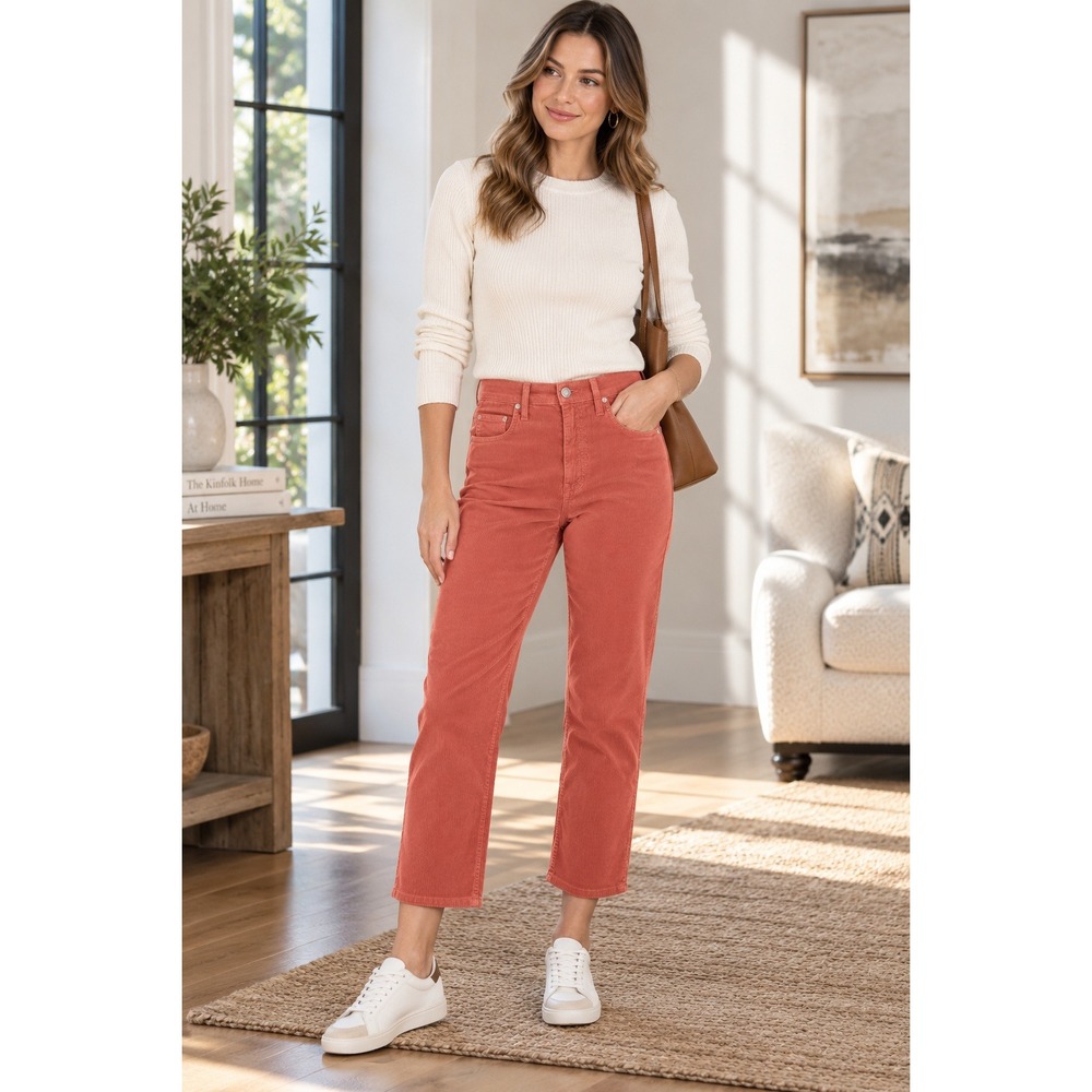 AMO Chloe Crop Corduroy Pants Womens 28 Coral High Rise Straight Leg USA